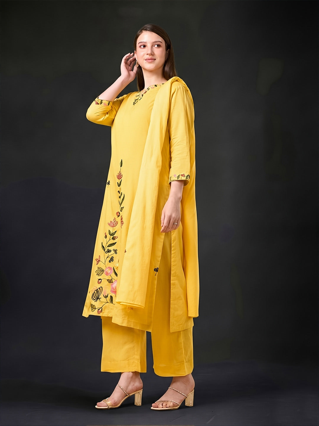Yellow Embroidered Cotton Suit