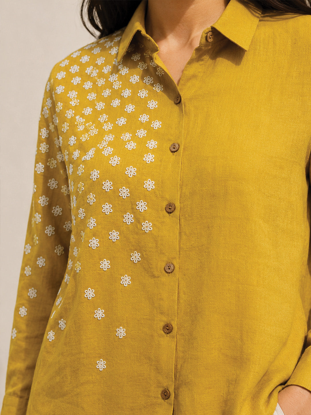 Yellow Flower Embroidered Shirt