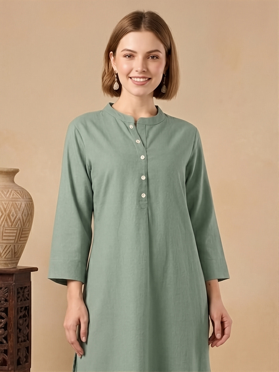 Classic Linen Smoke Green Straight Long Kurta