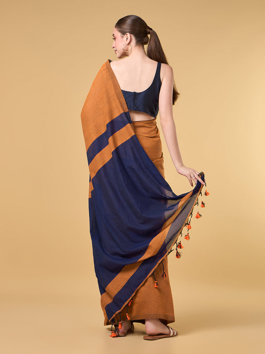 Dark Orange Blue Contrast Cotton Saree
