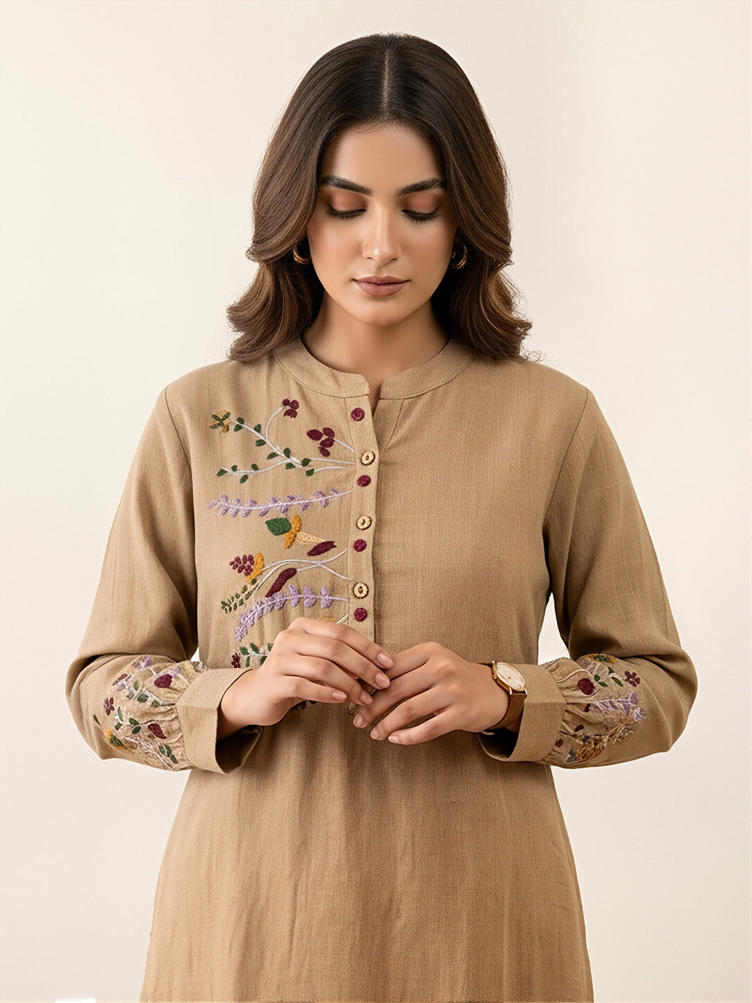 Light Brown Embroidered Work linen Coord Set