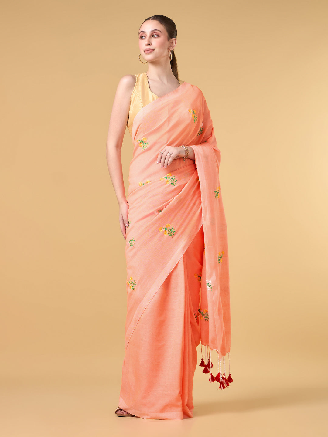 Pastel Orange Floral Embroidered Cotton Saree