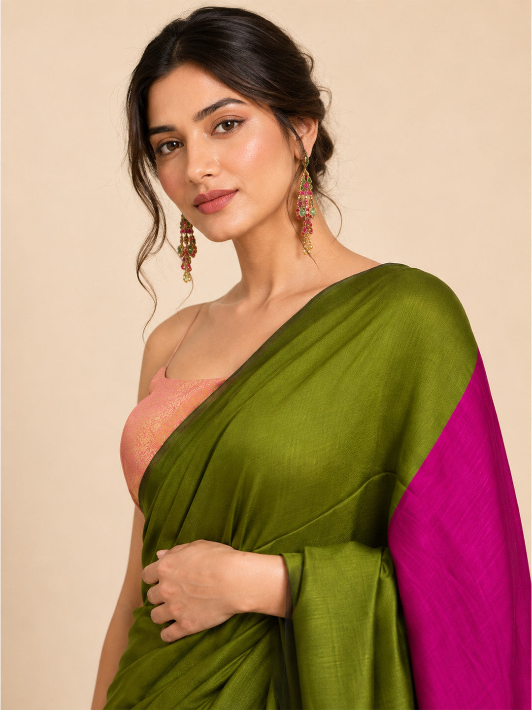 Green Pink Contrast Cotton Saree