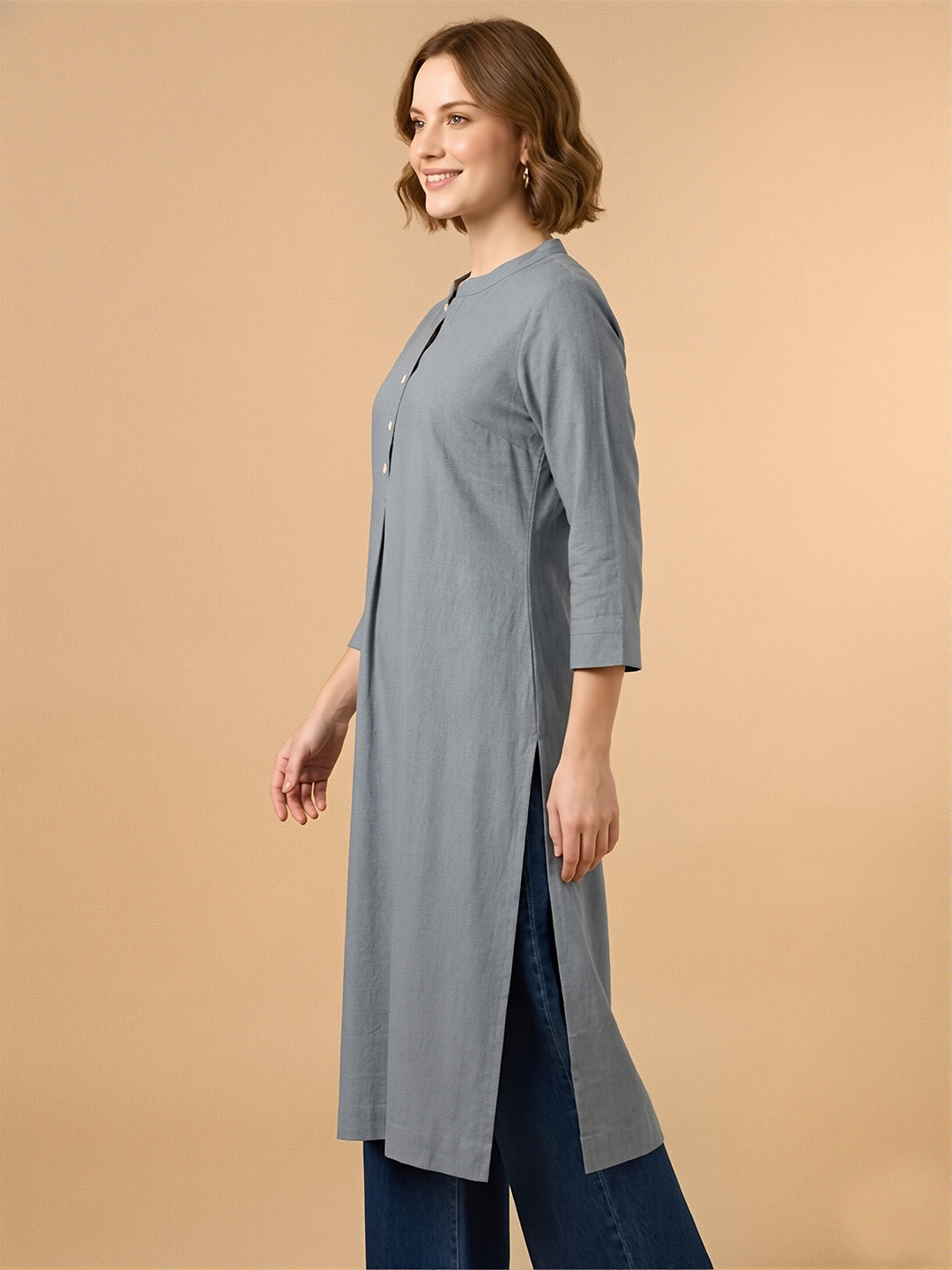 Classic Linen Grey Straight Long Kurta