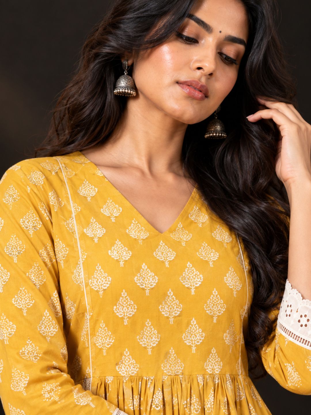 Mustard Lace Work Cotton kurta