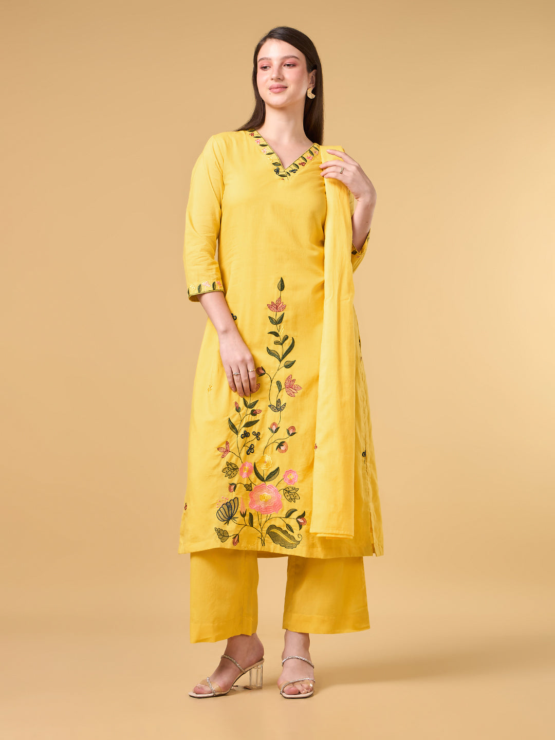 Yellow Embroidered Cotton Suit