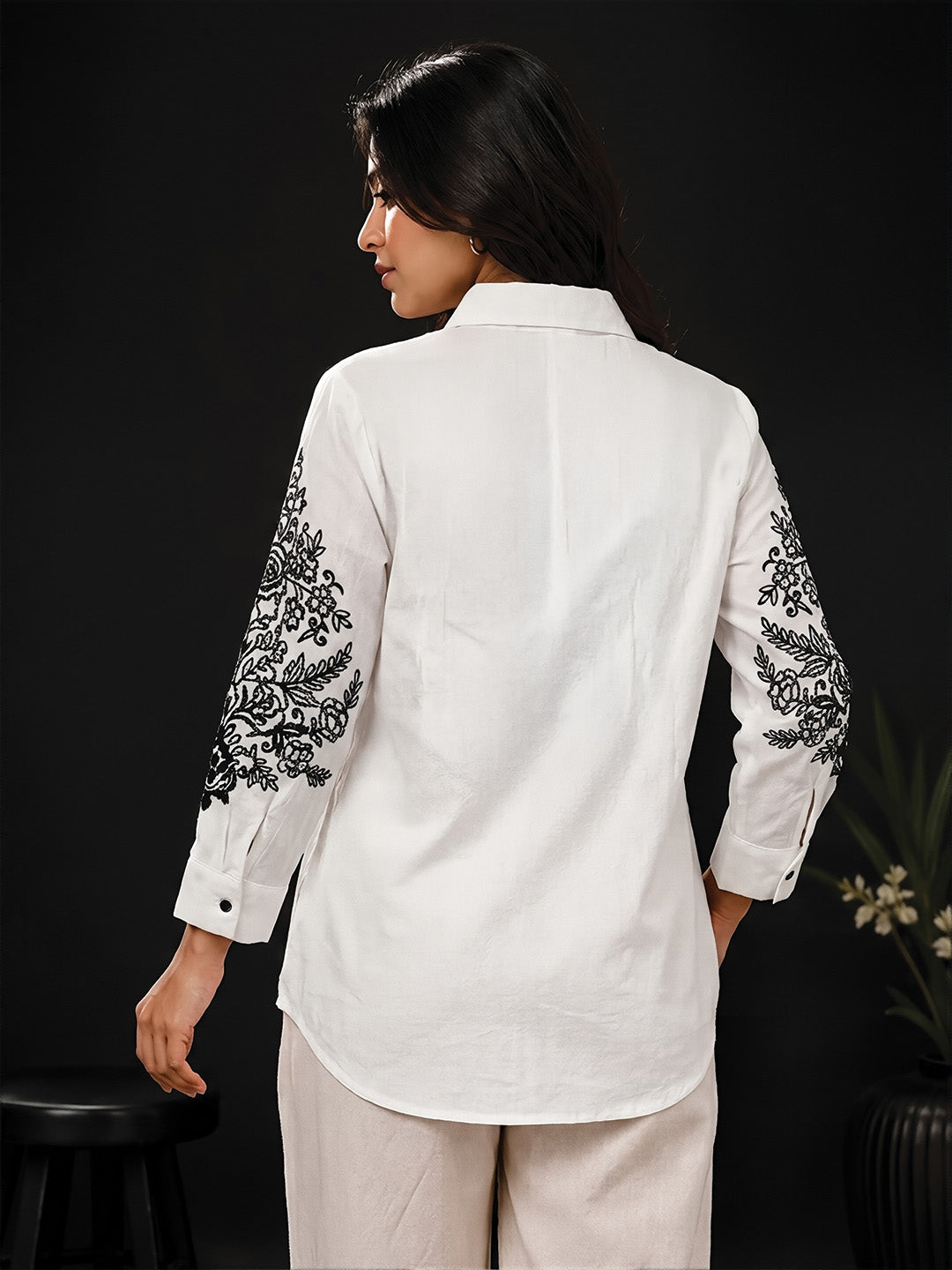 White Floral Embroidered Shirt
