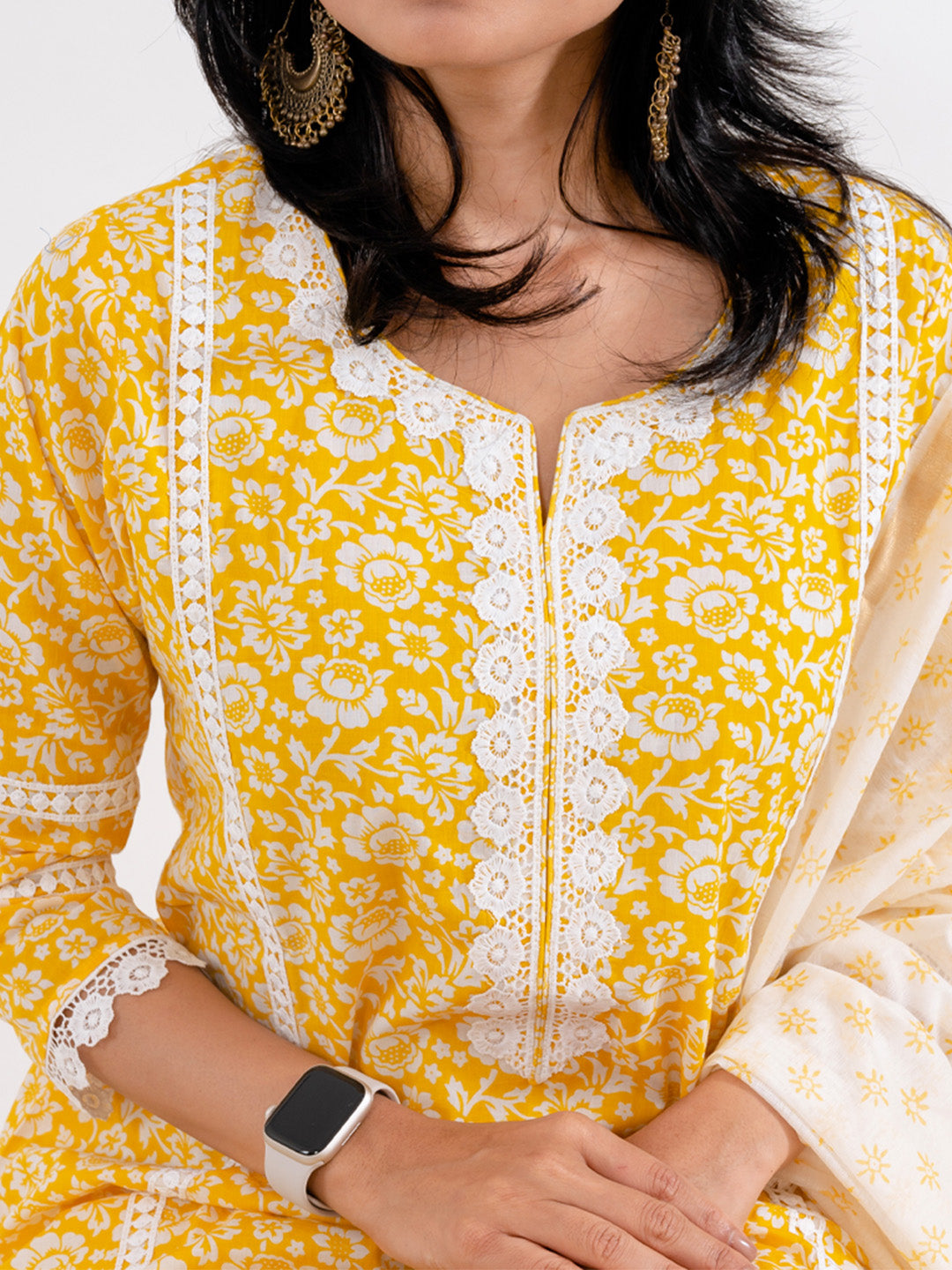 Amber Yellow Floral Print with Lace Work Cotton Suit