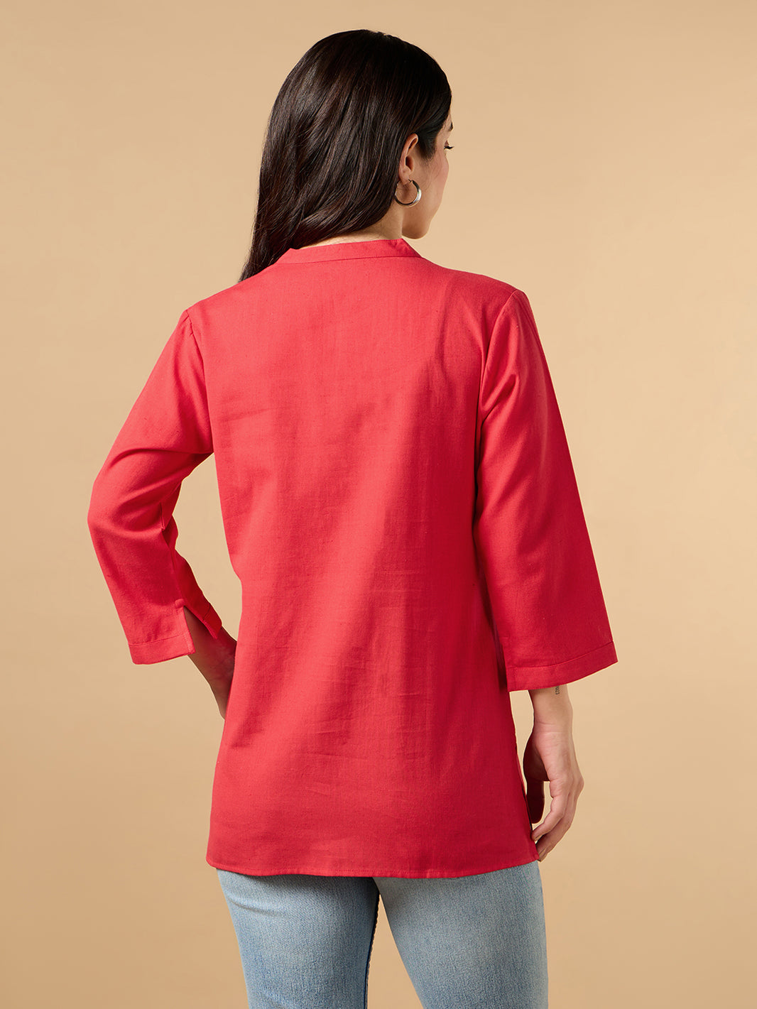 Women’s Rust Red Cotton Short Kurti with Geometric Printed Yoke | Casual & Office Wear Ethnic Tunic main image 1
