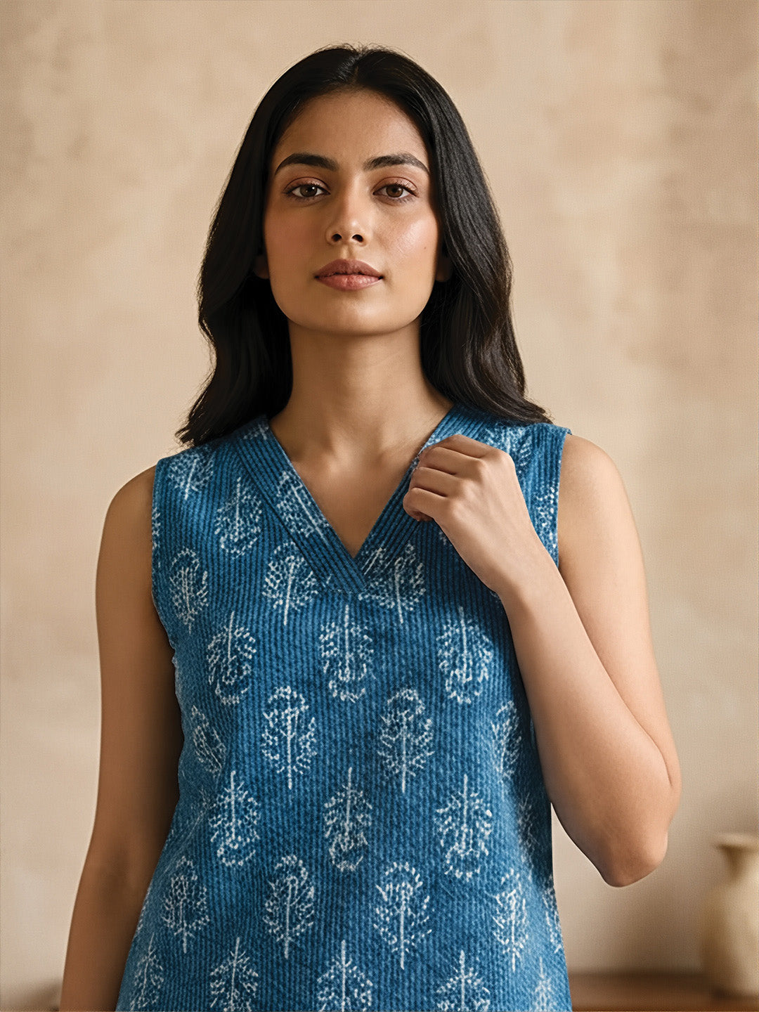 French Blue Floral Print Short Kurta