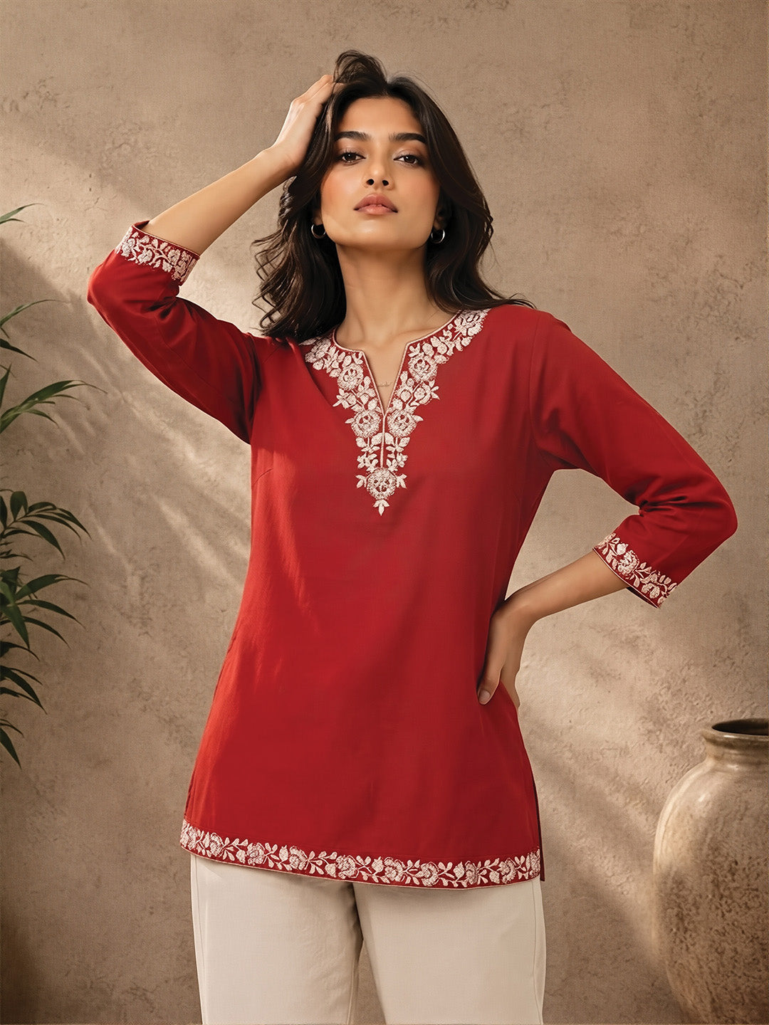 Red Floral Embroidered Short Kurta