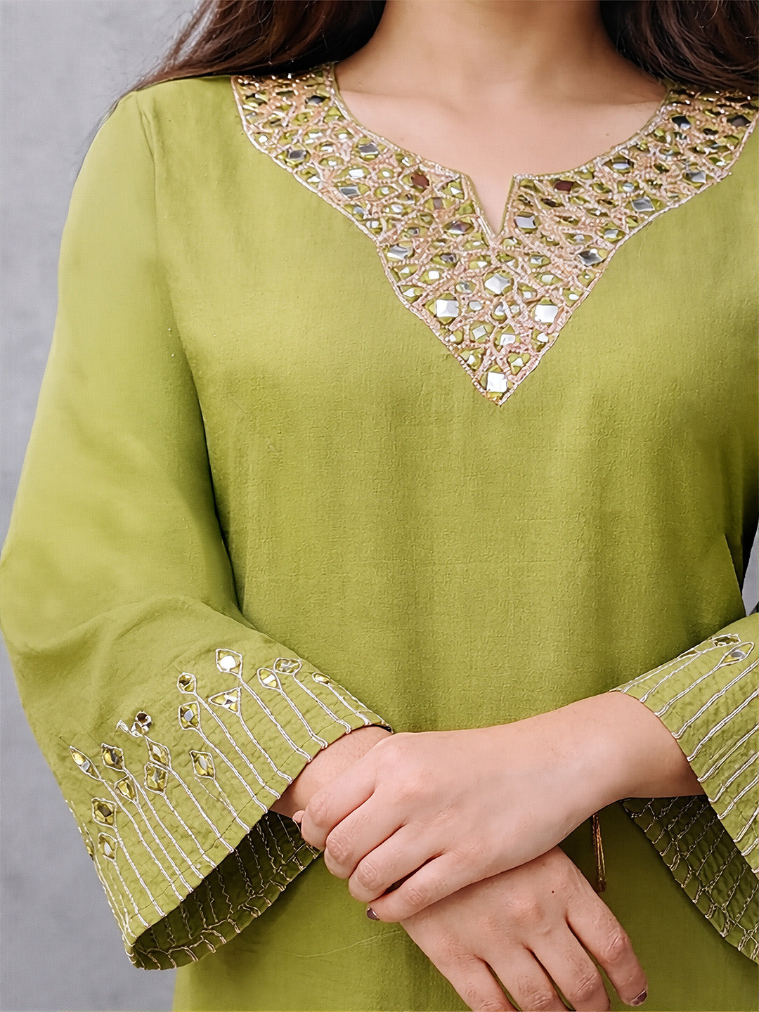 Saanjh Olive Green Mirror Work Cotton Suits