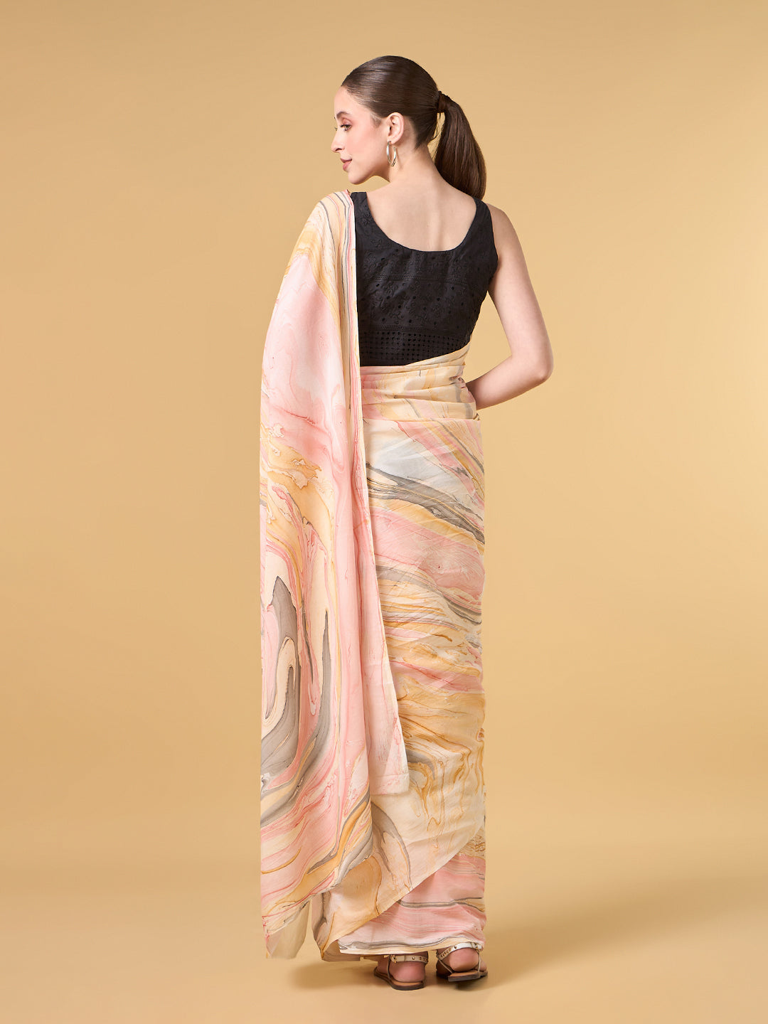 Pale Grey Hand Marble Printed Cotton Saree