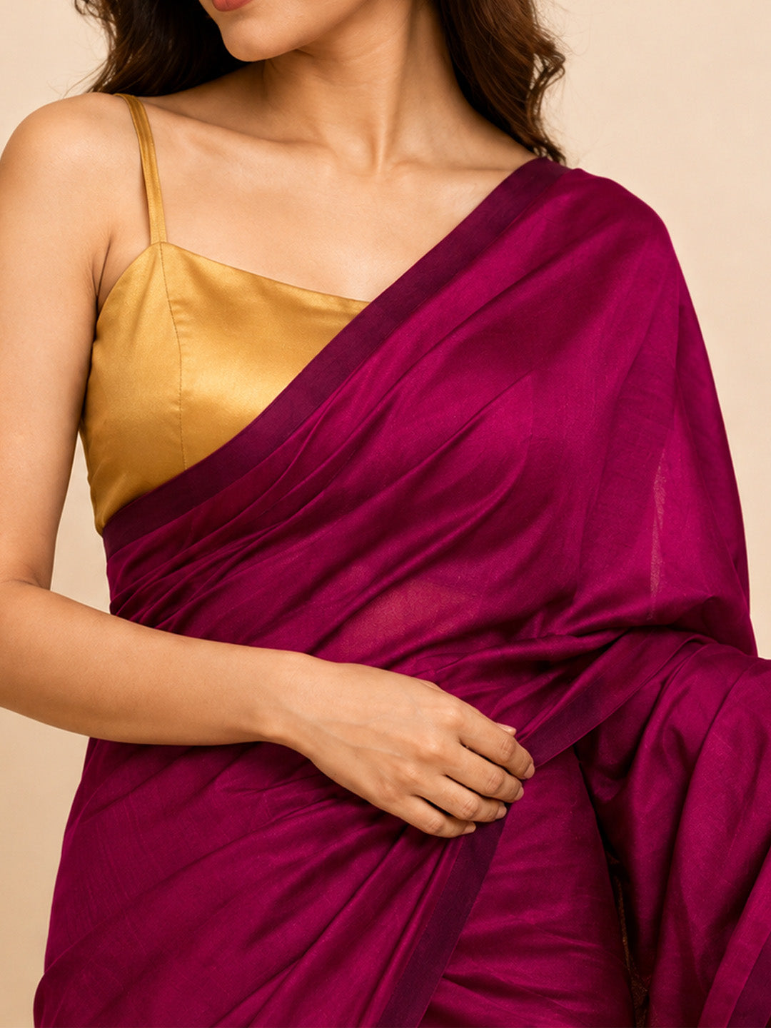 Rani Pink Gold Contrast Cotton Saree