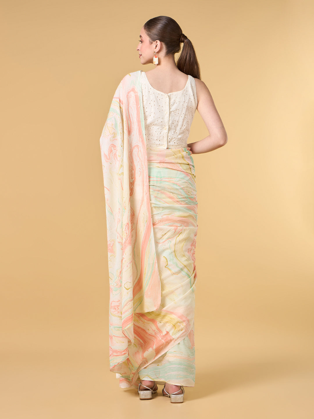 Misty Blue Hand Marble Printed Cotton Saree