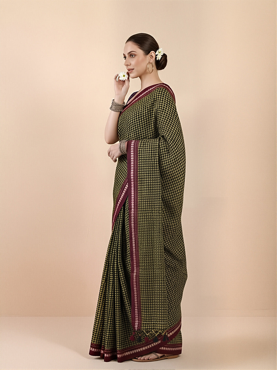 Heera Green Flower Cotton Khun Saree