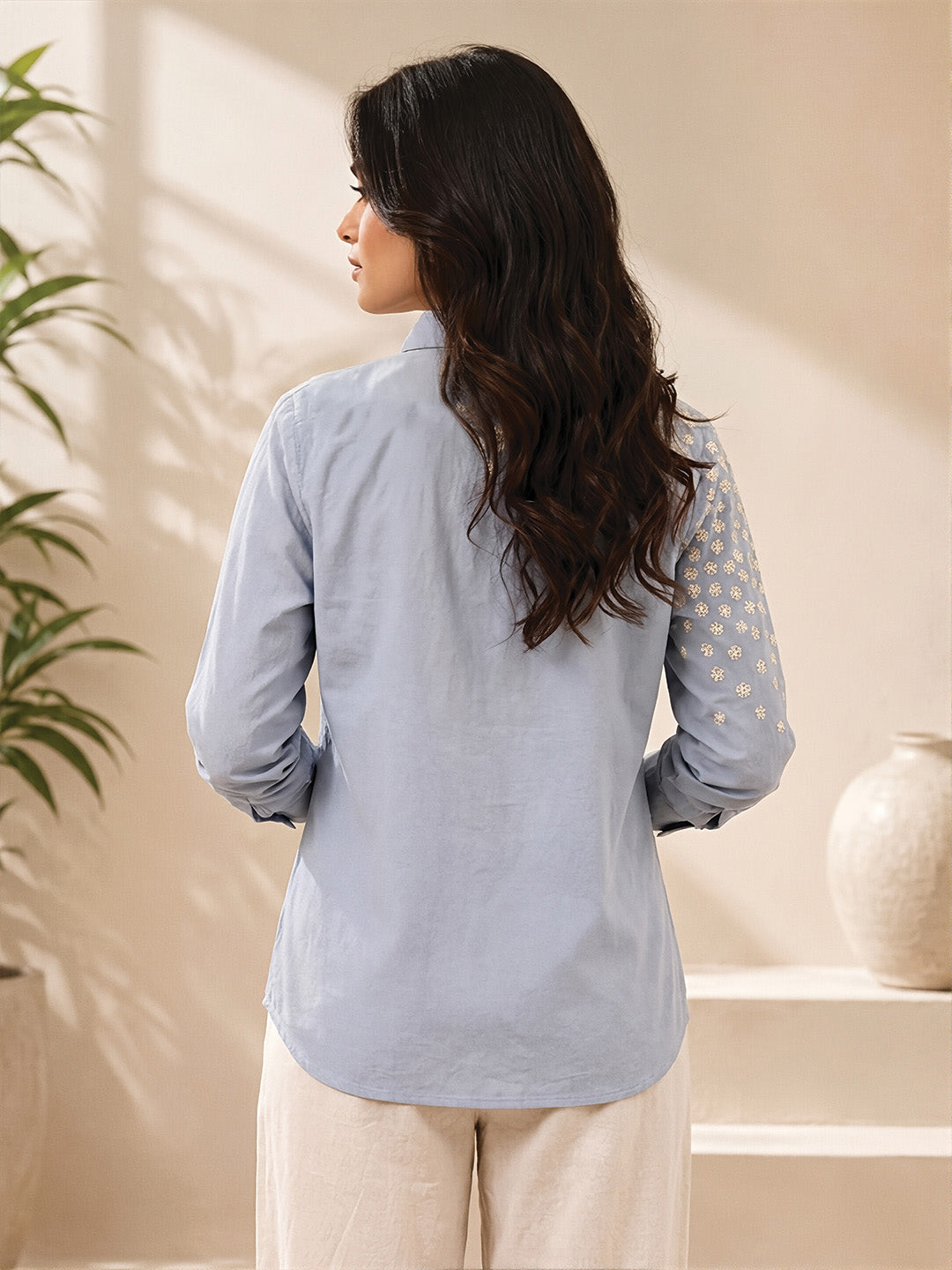 Sky Blue Flower Embroidered Shirt