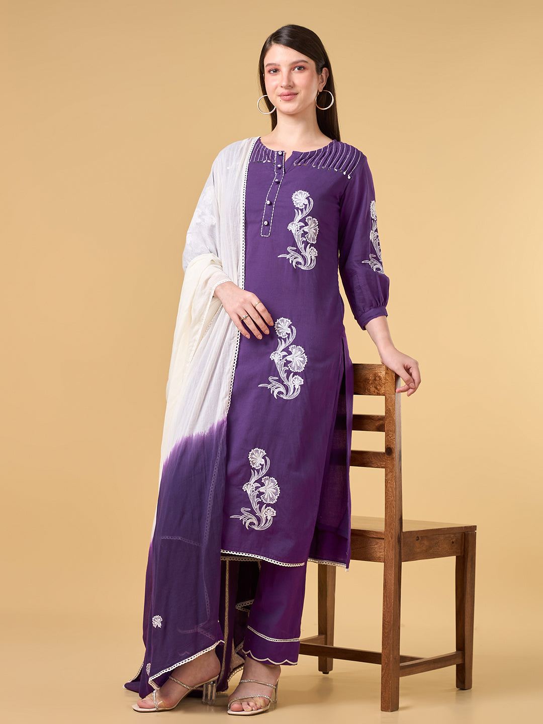Dark Purple Embroidered Cotton Suit