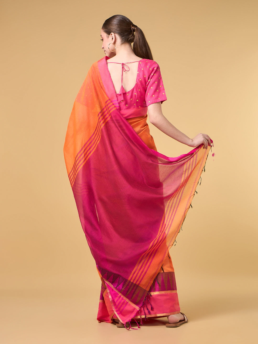 Saffron Temple Border Cotton Saree