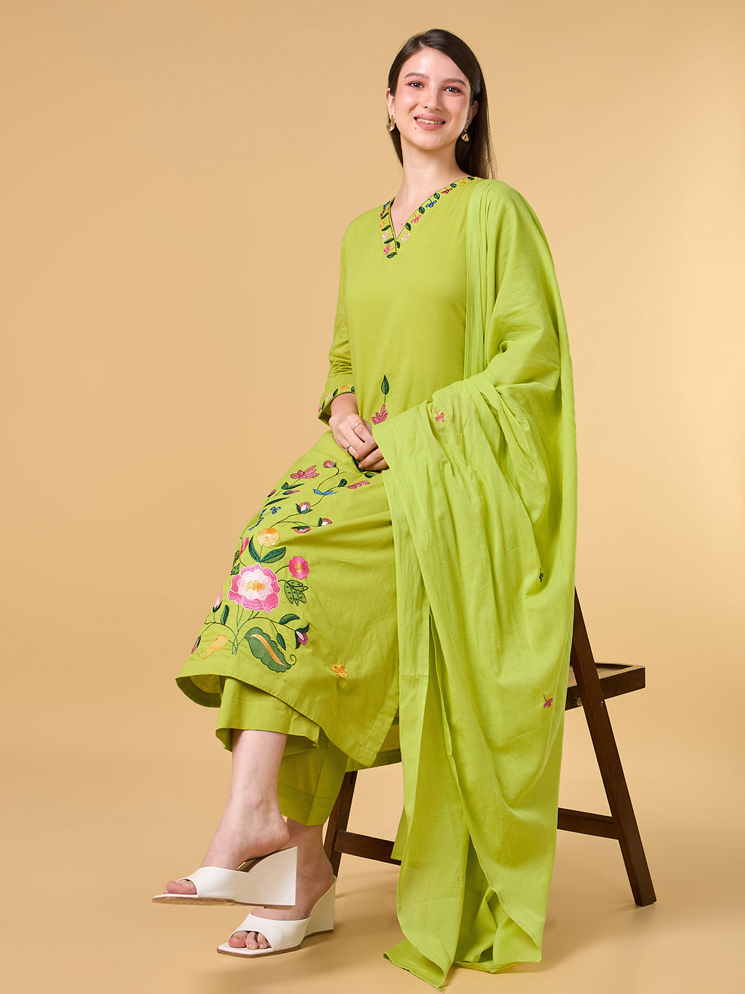 Green Embroidered Cotton Suit