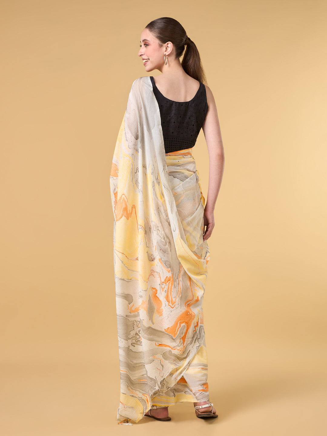 Yellow Abstract Hand Marble Printed Cotton Saree