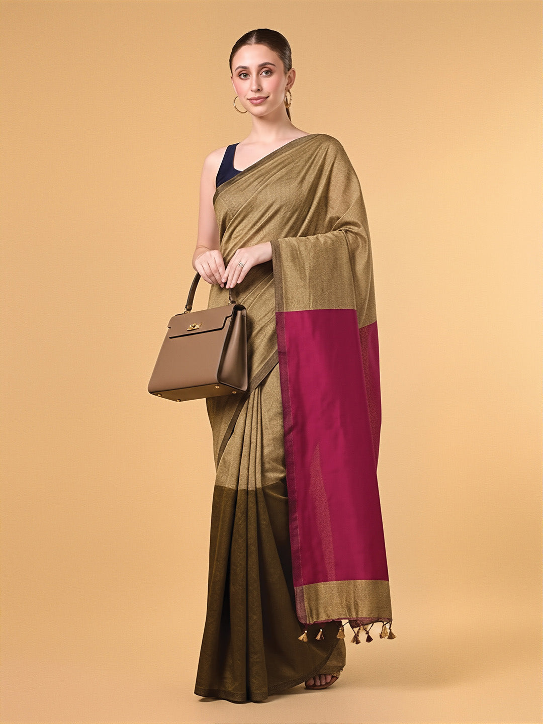 Pink Olive Contrast Cotton Saree