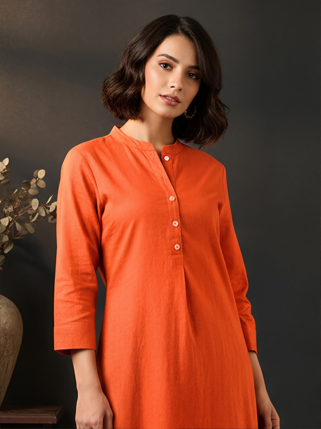Classic Linen Saffron Orange Straight Long Kurta
