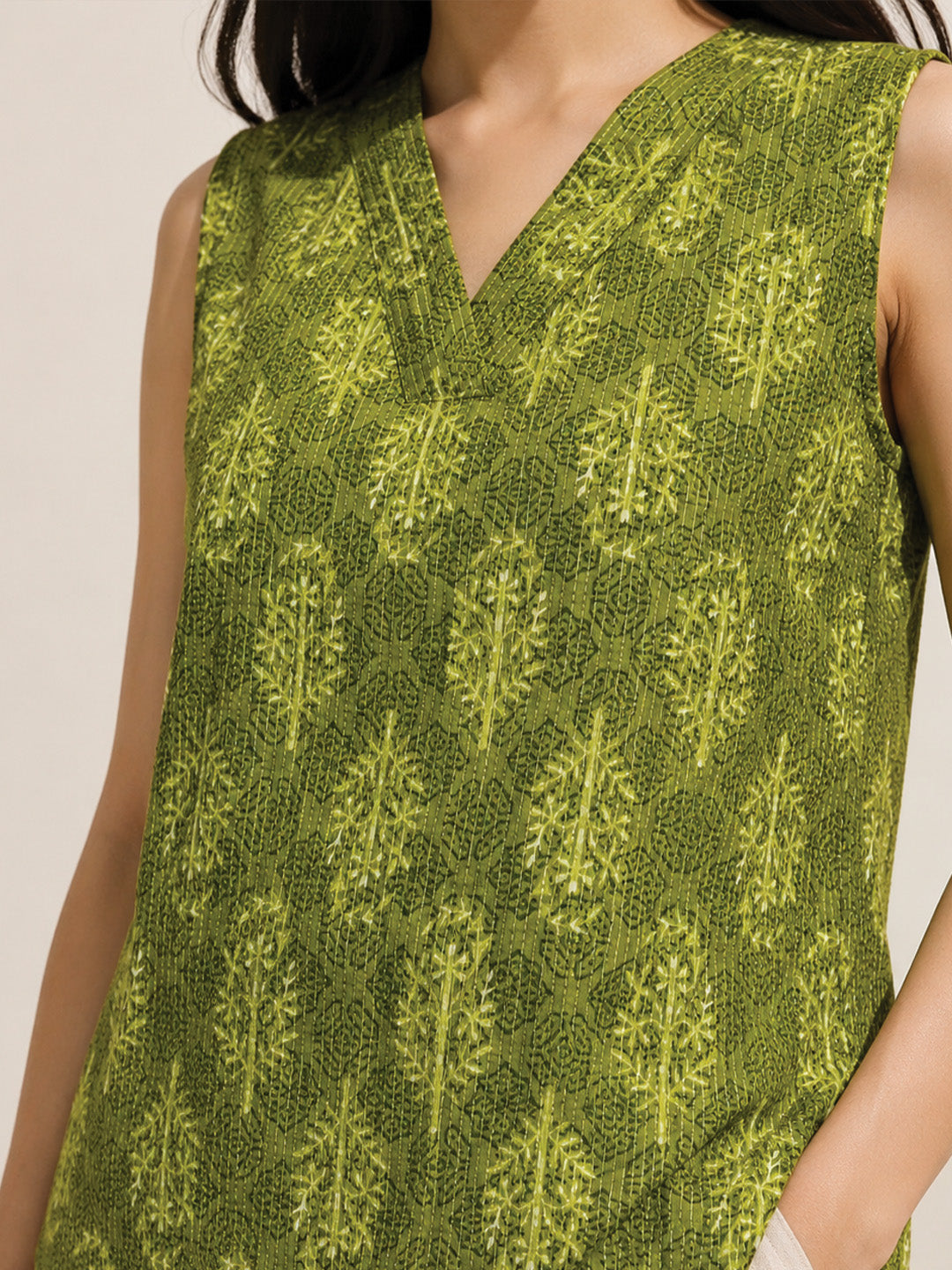Parrot Green Block Print Short Kurta