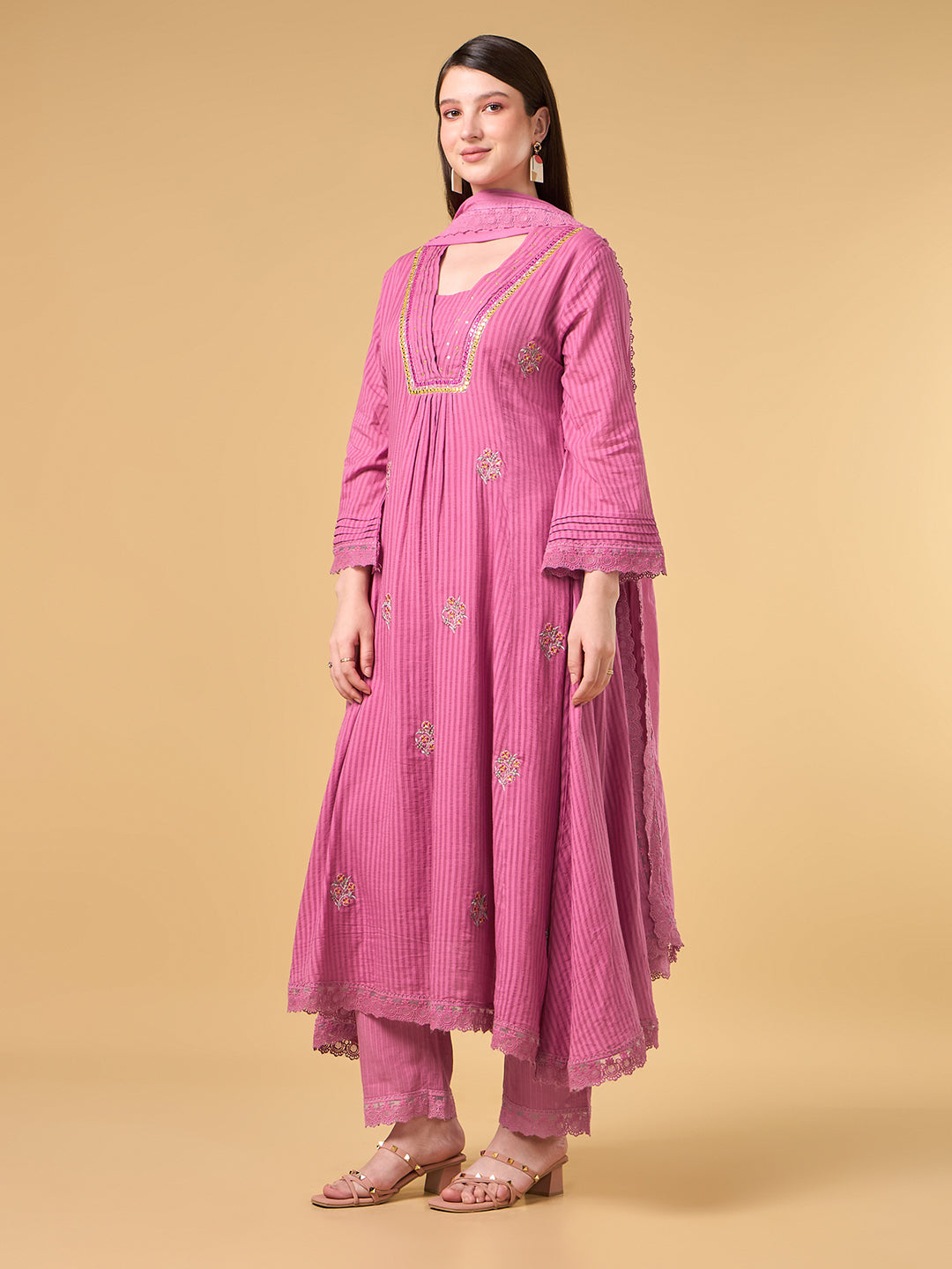 Pink Stripe Embroidered Cotton Suit