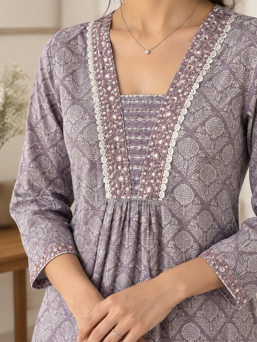 Misty Lavender Floral Block Print Cotton Suit