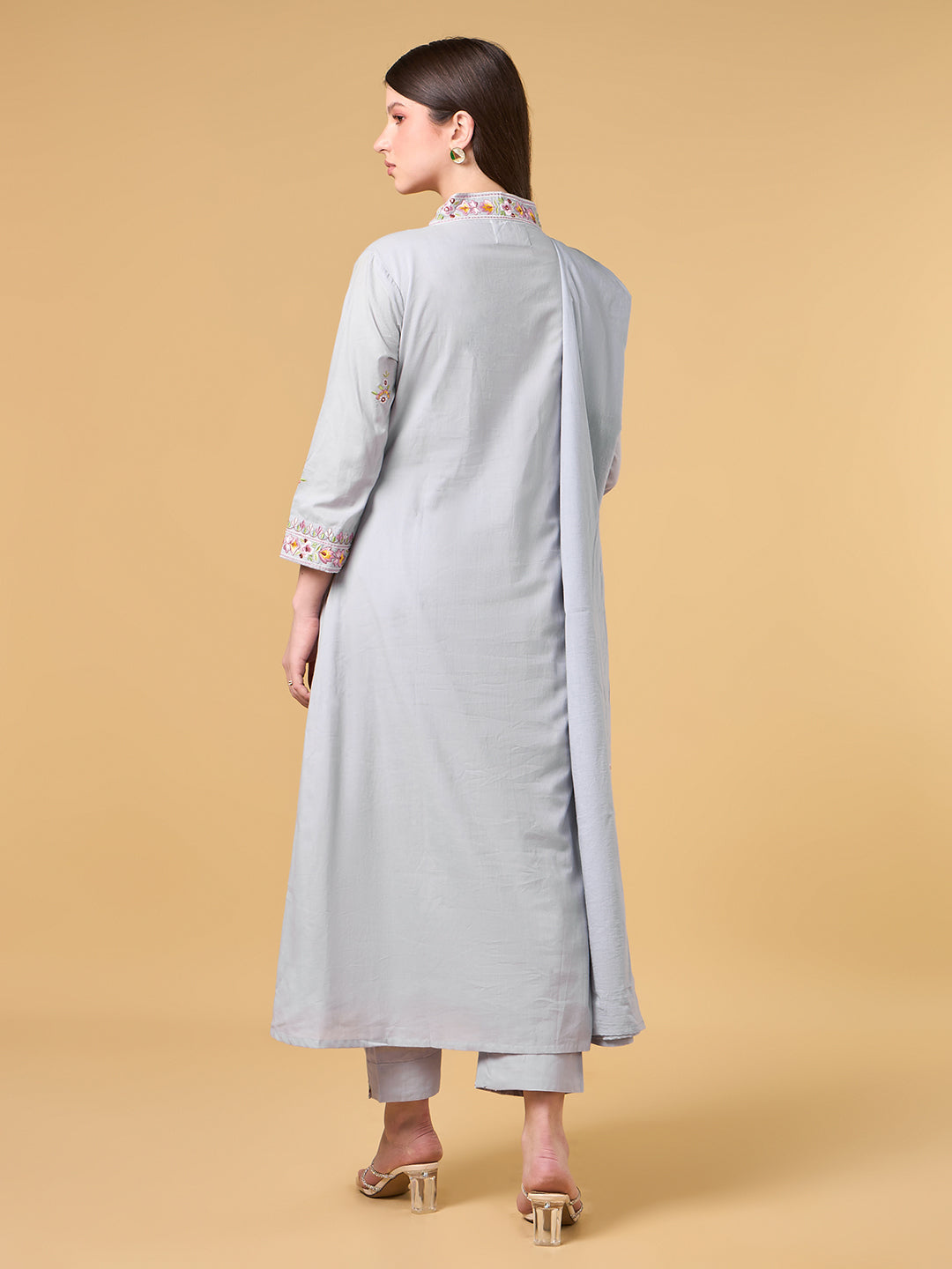Grey Embroidered Cotton Suit