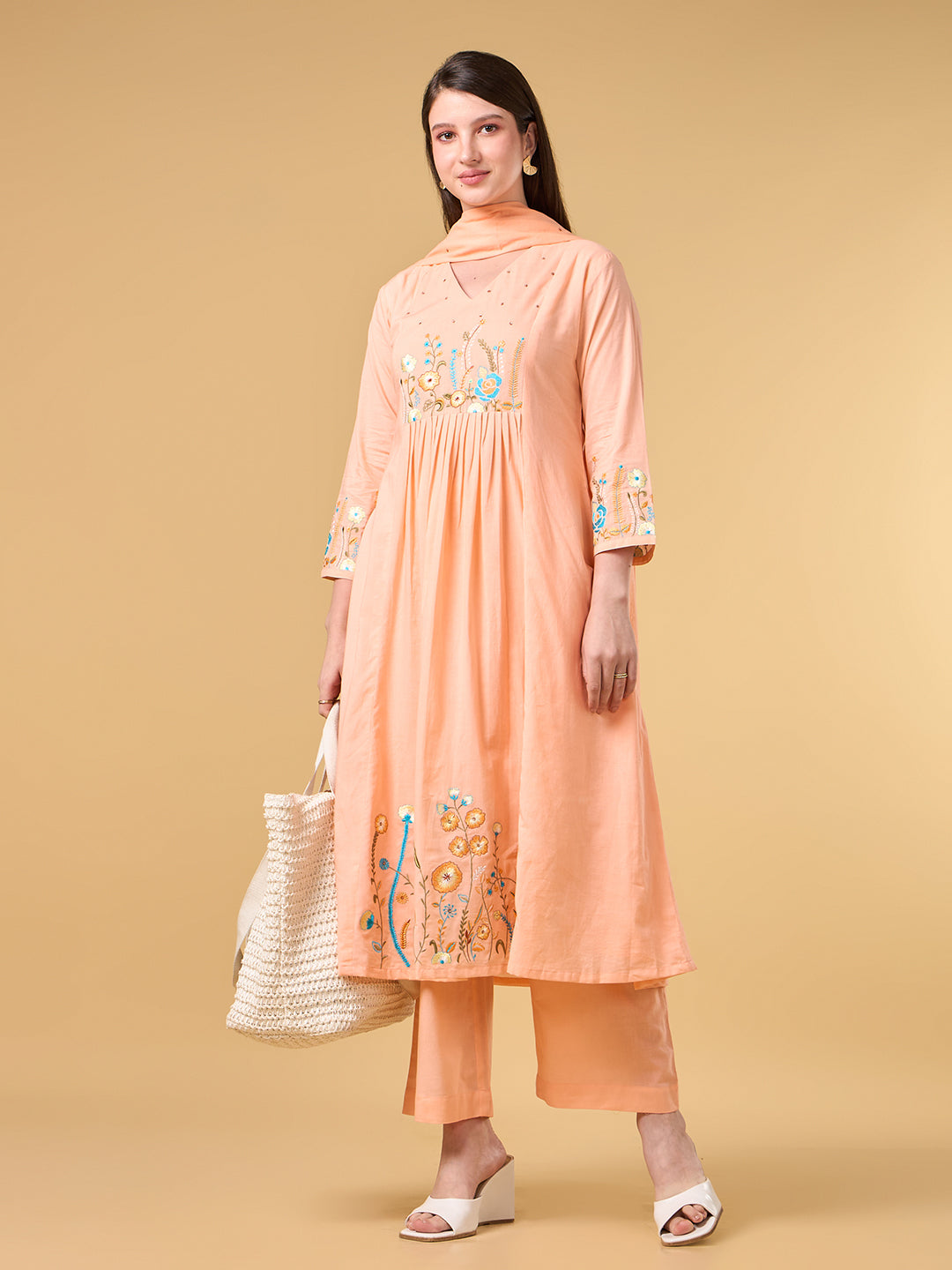 Peach Embroidered Cotton Suit