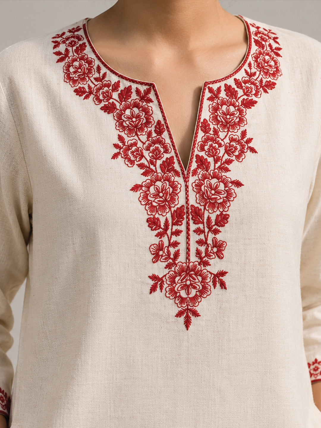 White & Red Floral Embroidered Short Kurta