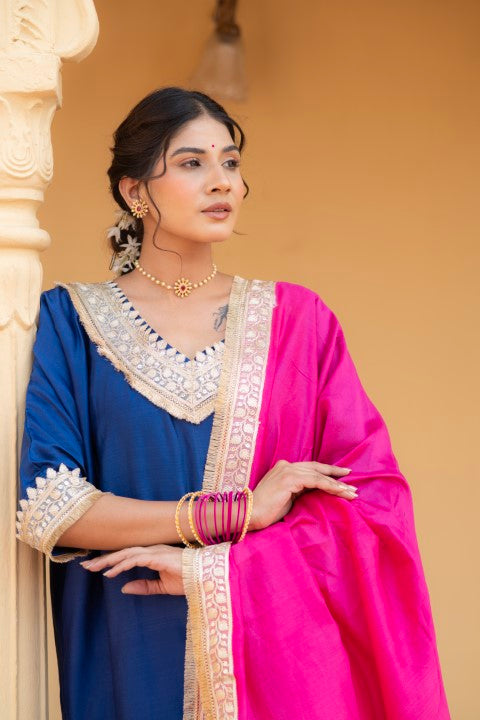 Inaaya Royal Blue Chanderi Cotton Festive Suit