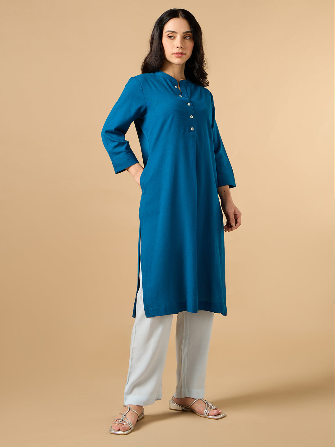 Classic Linen Spanish Blue Straight Long Kurta