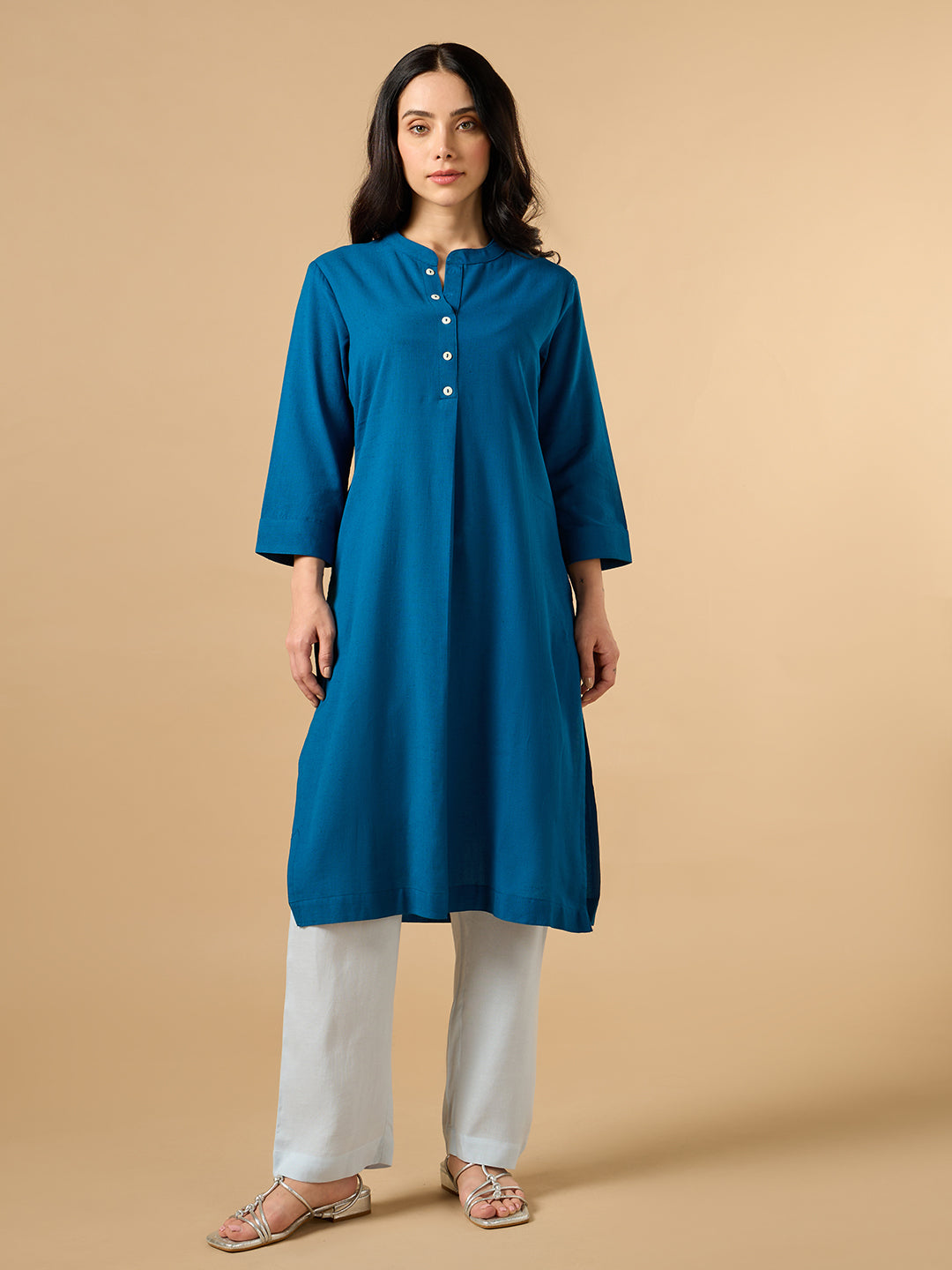 Classic Linen Spanish Blue Straight Long Kurta