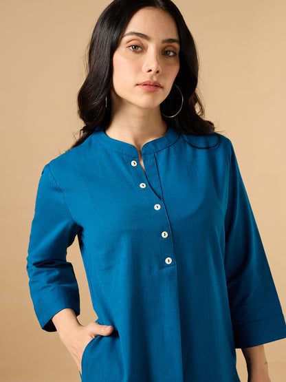 Classic Linen Spanish Blue Straight Long Kurta