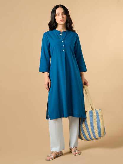 Classic Linen Spanish Blue Straight Long Kurta