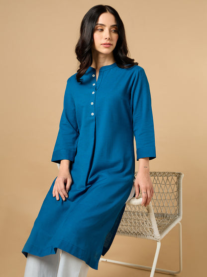 Classic Linen Spanish Blue Straight Long Kurta