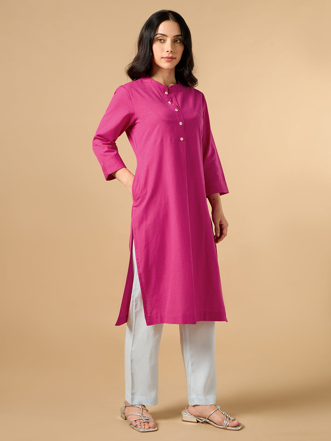 Classic Linen Pink Straight Long Kurta