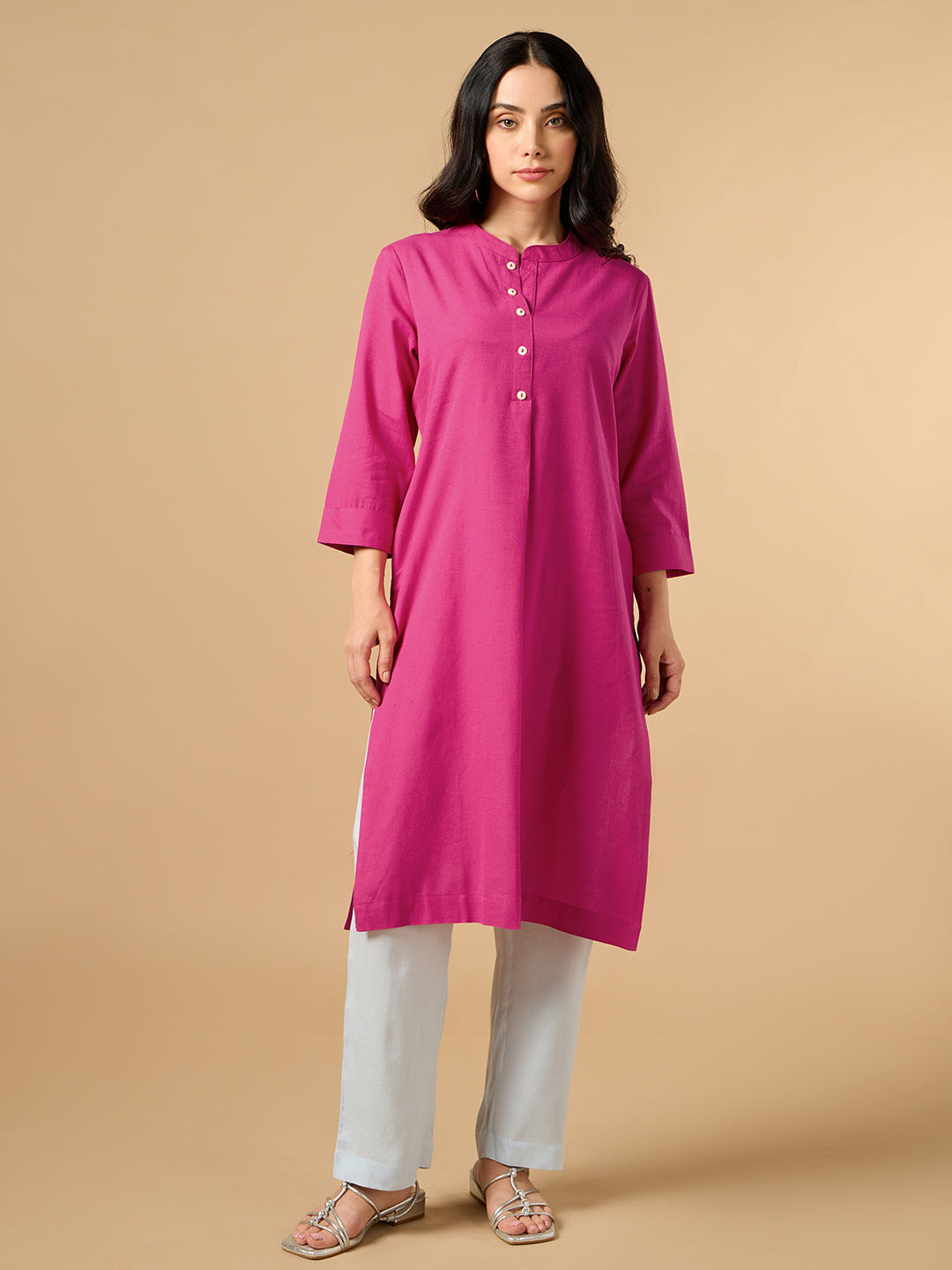 Classic Linen Pink Straight Long Kurta