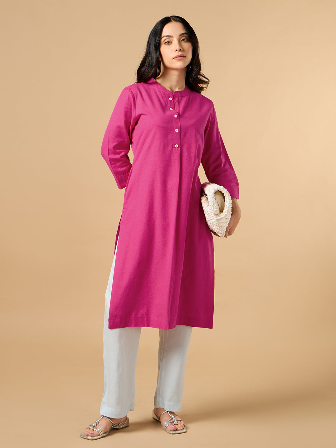 Classic Linen Pink Straight Long Kurta