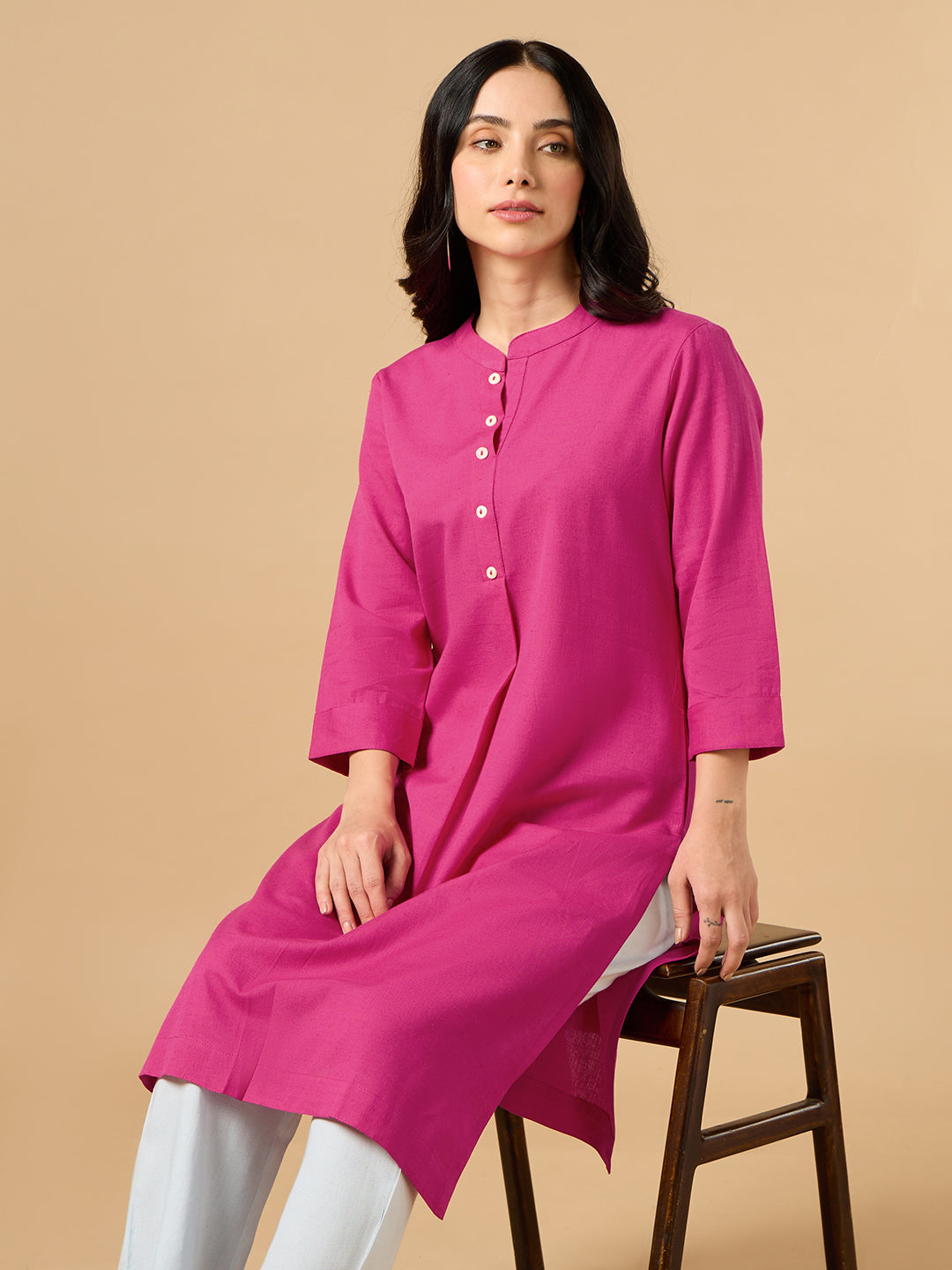 Classic Linen Pink Straight Long Kurta