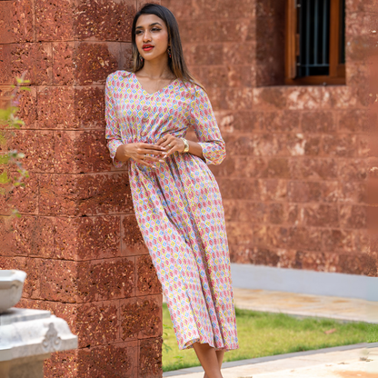 Pink Block Printed Cotton Dress