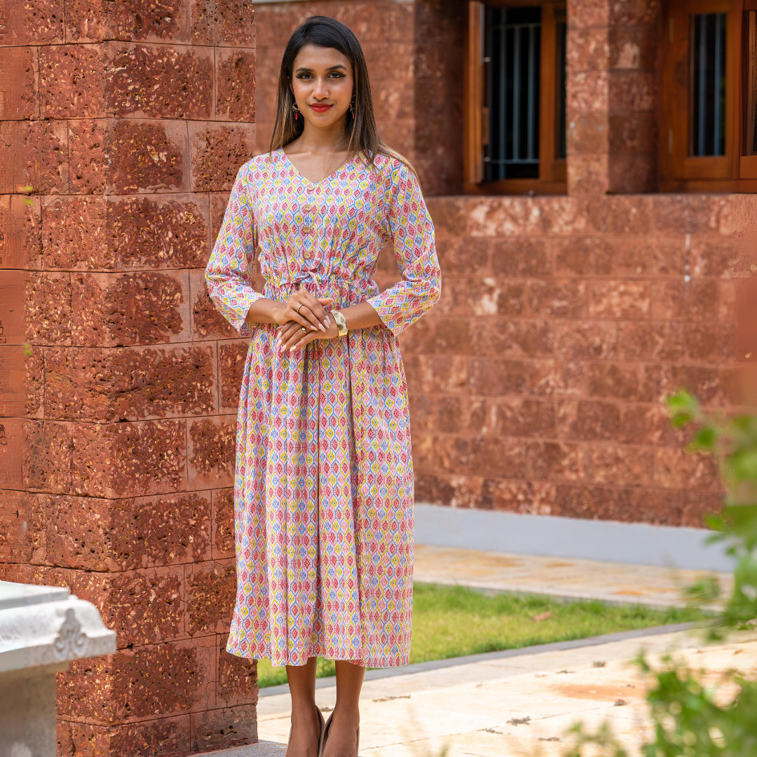 Pink Block Printed Cotton Dress