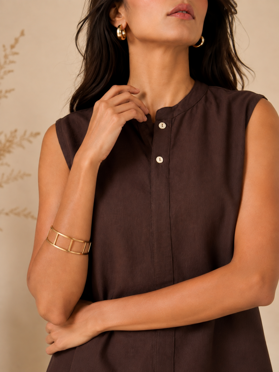 Linen Dark Brown Solid Short Kurta