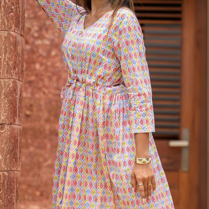 Pink Block Printed Cotton Dress