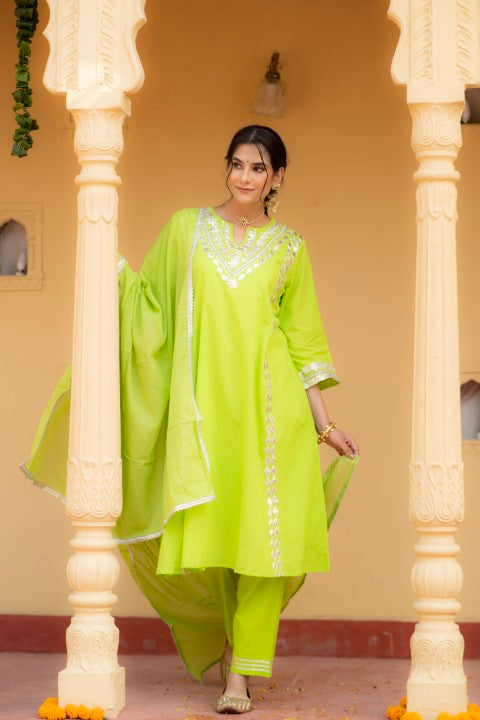 Adaah Parrot Green Cotton Festive Suit