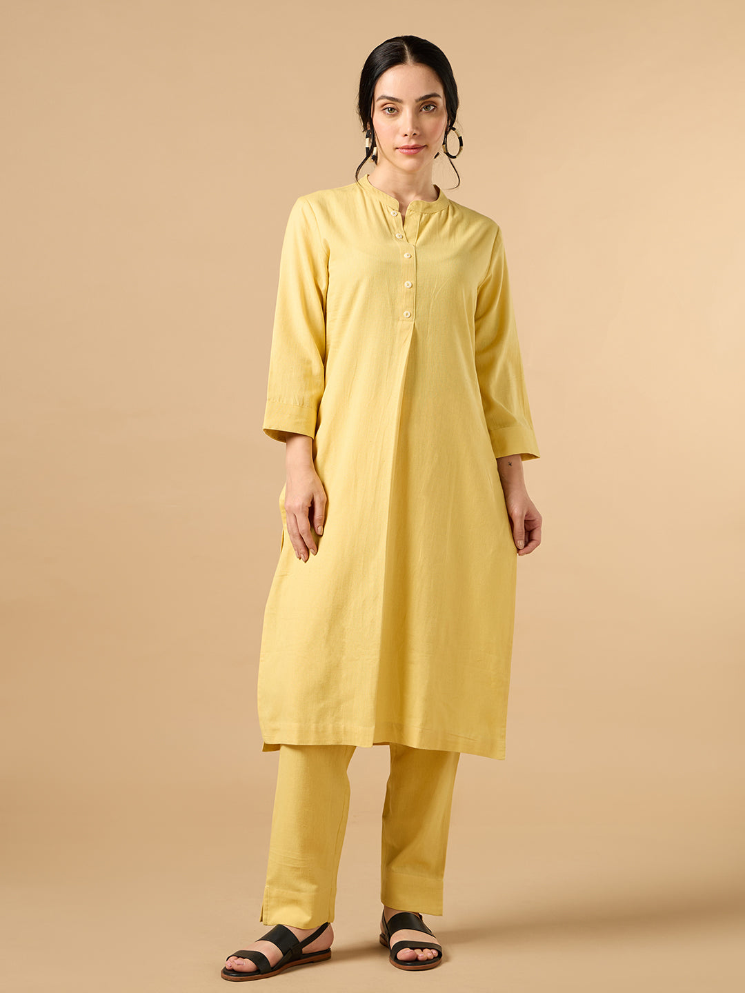 Classic Linen Yellow Straight Long Kurta