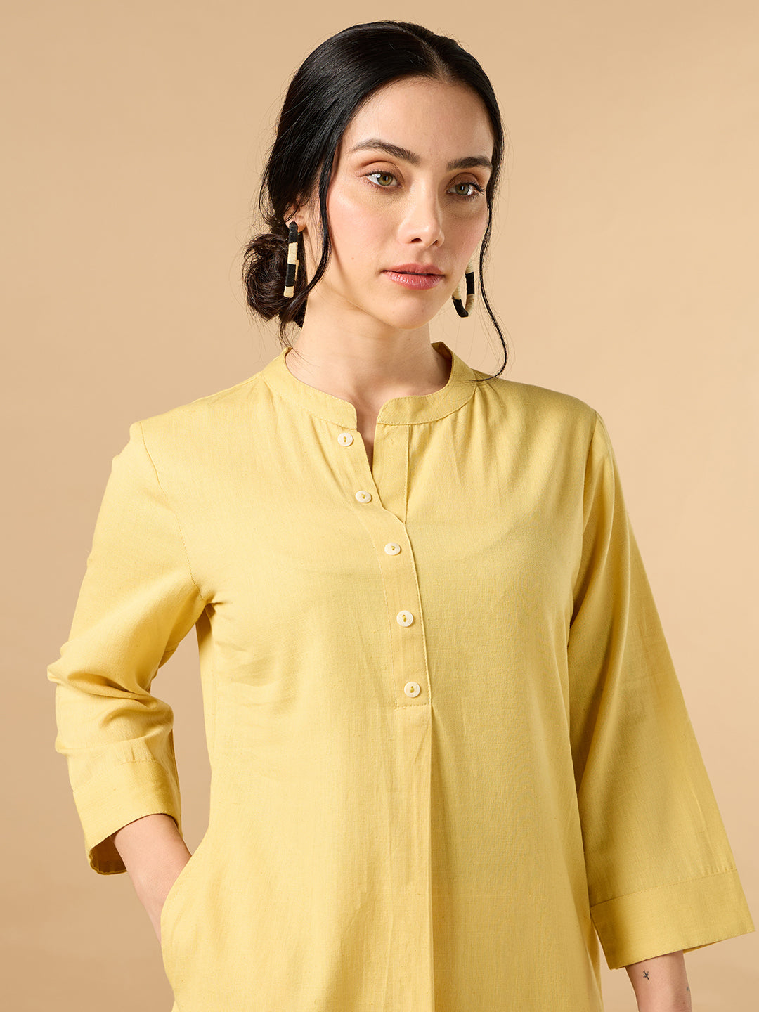 Classic Linen Yellow Straight Long Kurta